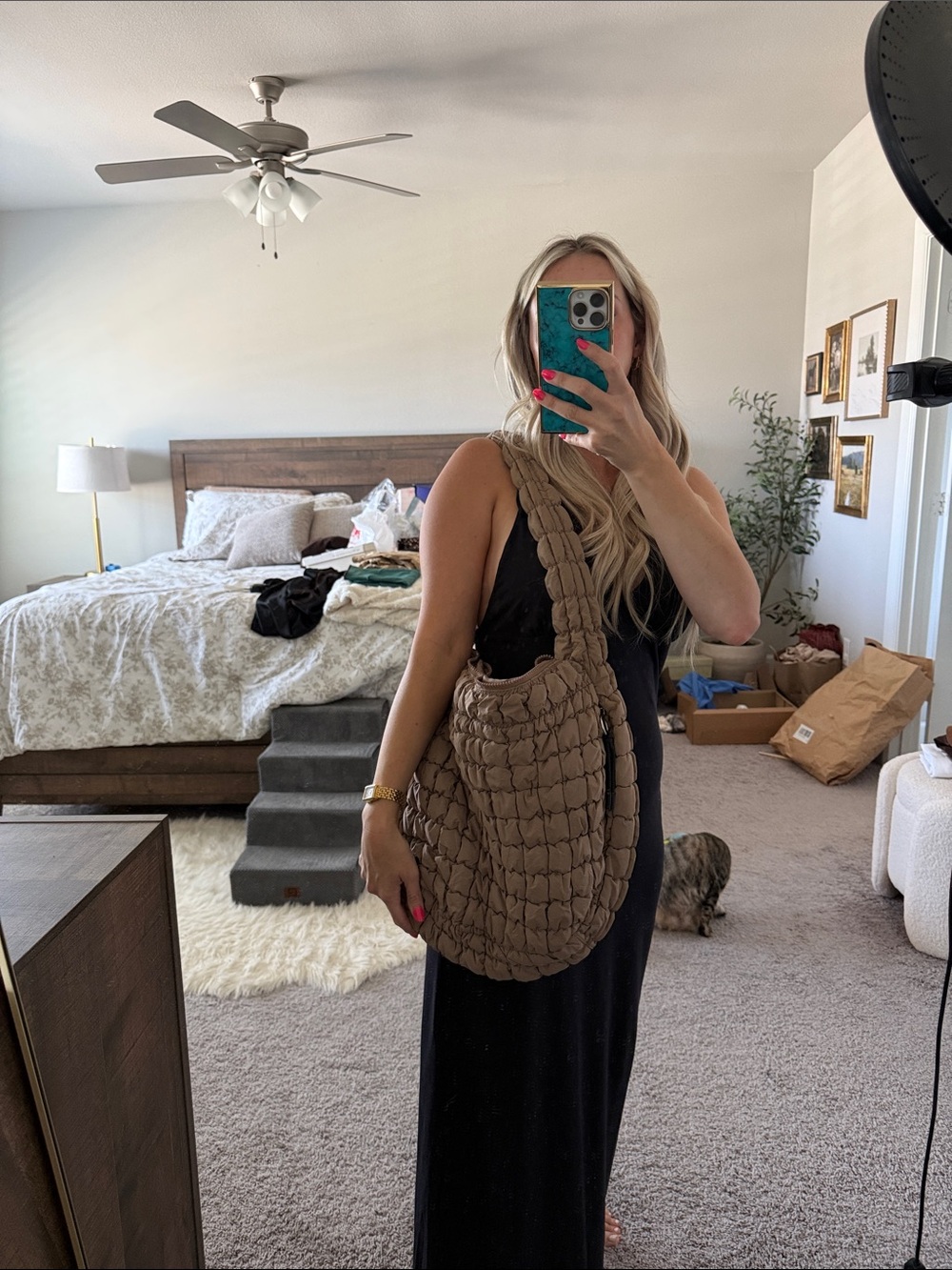 Quilted Puffer Hobo Bag in Taupe - Picture 3 of 3